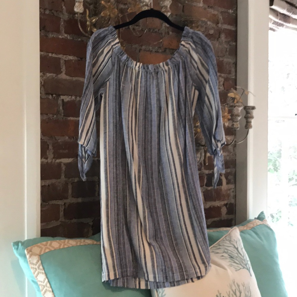 Off the Shoulder Blue and White Striped Dress